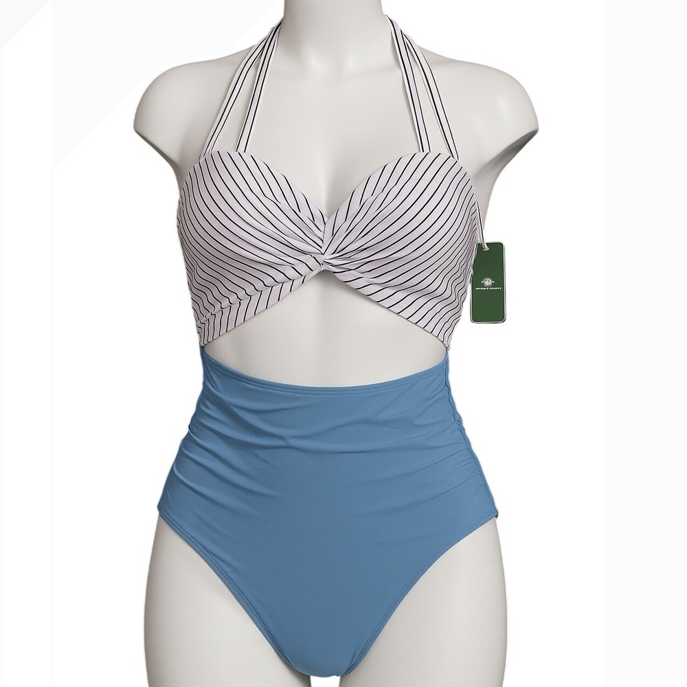 EOMENIE Striped Halter One Piece Swimsuit Ruched Blue Womens Size S